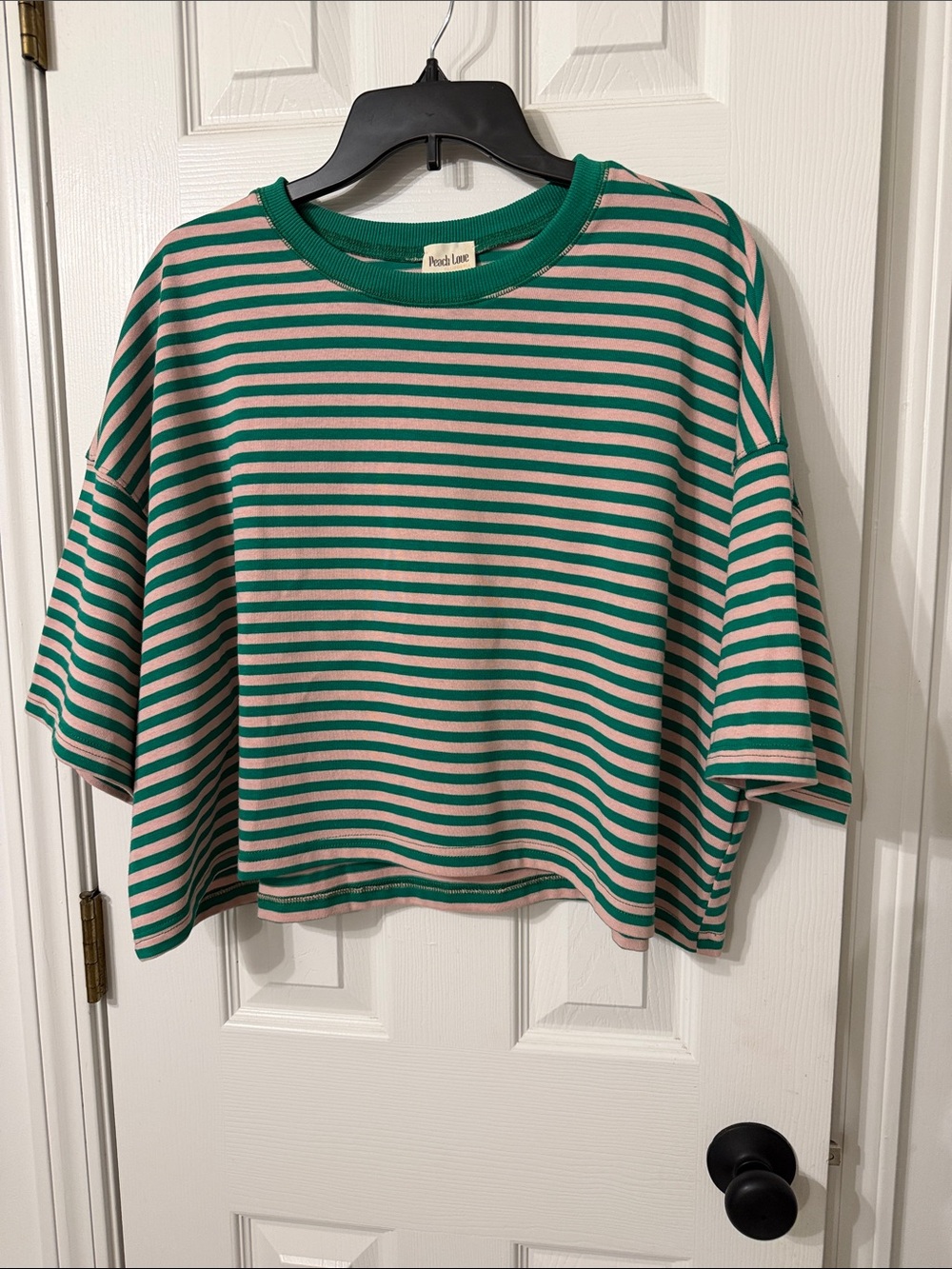 Peach Love California Green and Pink Striped Cropped Tee